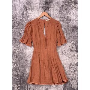 Kara Thoms Dress Medium Women Pink Swiss Dot Linen Open Back Flutter Sleeve Mini